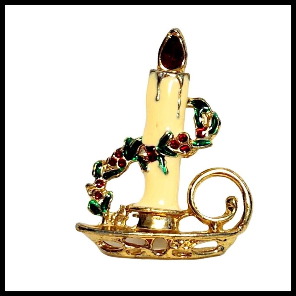 Vintage Holiday Christmas Enamel Candle white Green Red Pin Brooch